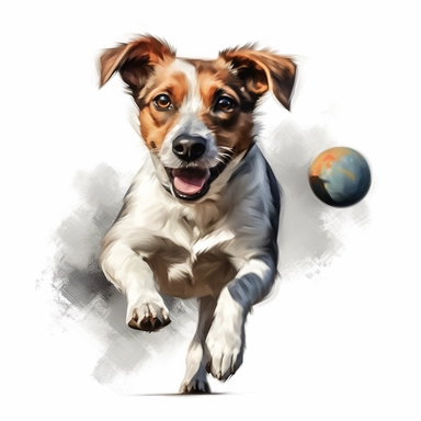 create clipart featuring ultra realistic and playful dog, oil paint on white background engaged in various activities, such as playing, sleeping, eating, jumping
