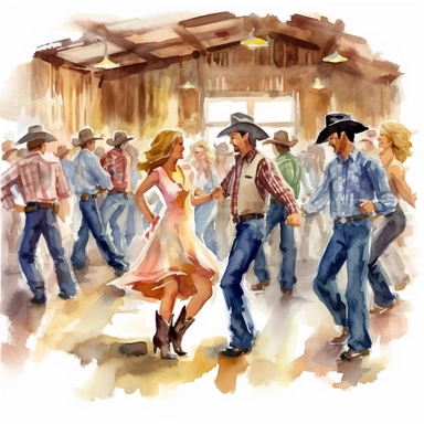 A traditional barn dance, with people in cowboy boots and hats, twirling and dancing to lively country tunes, american style, clipart, watercolor,