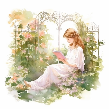 beautiful girl reading in a garden with floral fence, illustration for book lover, in the style of romantic academia, pretty, realistic watercolor paintings, transparent/translucent medium, clipart, isolated on white background, pont-aven school, dusty piles, optical