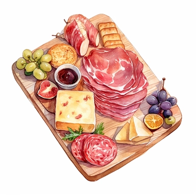 Watercolor charcuterie platter with salama pastrami jambon sausage ham crispy breadsticks sauce cheese nicely placed along with cheese on a very large wooden flat plate or cutting board, illustrations clipart set, simple, soft colors, cartoon elements, different variants, cheese from around the world, wooden elements, separate elements with a margin