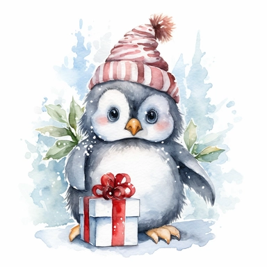 Cute Christmas fluffy baby penguin watercolor clipart