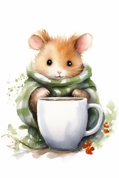Create a watercolor clipart picture of A hamster wrapped in a tiny blanket with a hot cup of tea, looking sympathetic, white background. The hamster should have a cute and happy expression, with its fur depicted in soft watercolor textures. Surround the hamster with small flowers and greenery, adding a whimsical touch to the scene.