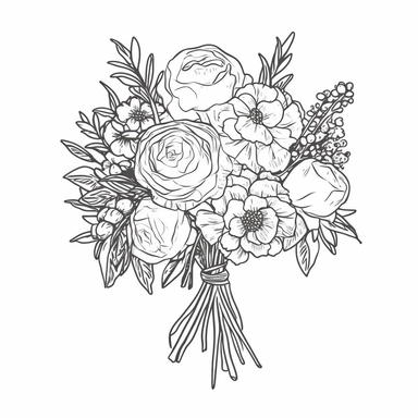vector illustration, hand drawn, simple floral bouquet, silhouette, outline svg, clipart, basic wedding bouquet, all white background