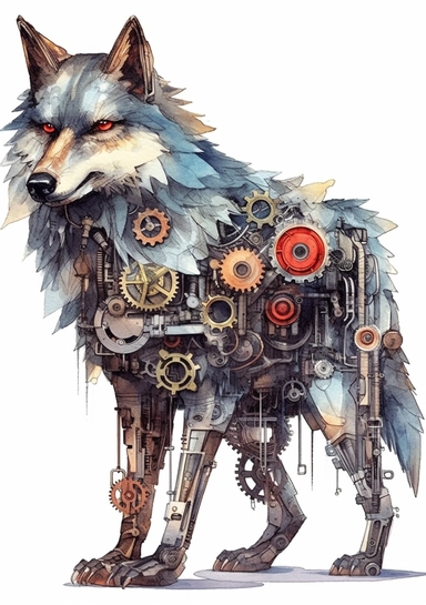 Steampunk Gray wolf clipart, realistic, Watercolor Retro Futuristic Victorian Era, art picture, full body, watercolor, multicolor, white background, lots of details, high quality - 8K,