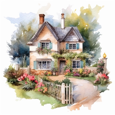watercolour English cottage garden with a mix of colorful flowers and hedges plain background a png image that can be used as clipart