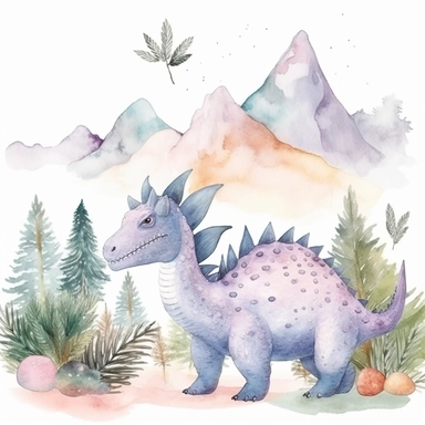 friendly, fluffy watercolor dinosaurs clipart, pastel colors, in the mountains, forest, separated, seamless, transparent background--AR 3:2