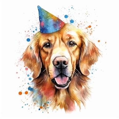 watercolor of a birthday golden retriever isolated on a white background, detailed ,realistic ,rtx on,textural richness,colorful imagery,digital illustration, clipart,
