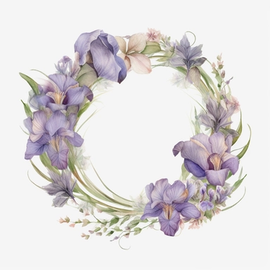 watercolor Irises wreath on white background, in the style of muted and subtle tones, intricate floral arrangements, uhd image, subtle realism, asymmetrical framing, fawncore, wedding clipart, floral accents, no background