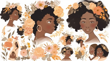 animated clipart bundle african american mother concepts, clipart bundle with beautiful flowers, beautiful faces, beautiful eyes and differential body types and skin tones, harlem Renaissance, Mother's Day White background