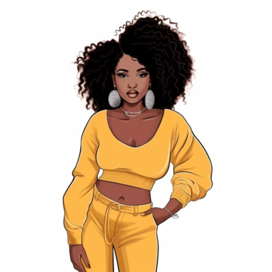 300dpi clipart illustration of beautiful melanin female wearing mustard yellow and white.. white background.. drawn with smooth thick black lines