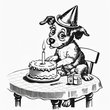retro cartoon comic of puppy wearing a birthday hat, sitting at a table with a birthday cake, black and white vintage art clipart illustration, white background