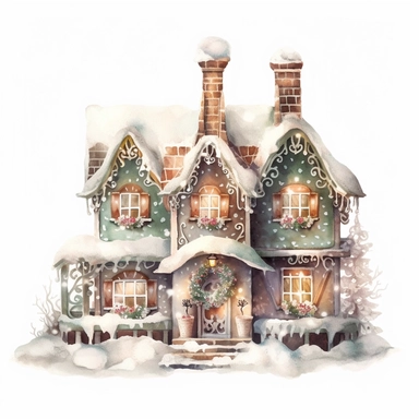 stunning gingerbread house in snow, soft faded colors, Christmas clipart