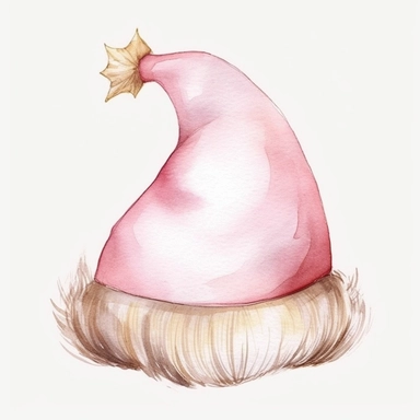 Christmas hat santa pink white beige gold series. white background , cute nursery painting, style by Lucy Fleming, watercolor, smooth gradients, black contour outline, ultra detailed, clipart elements, delicate pastel colors, solid white background, super clear, high quality — q 5