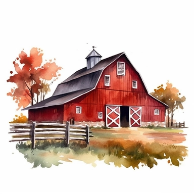 vector watercolor close up red barn in autumn clipart on white background, close up view, red barn in autumn colors, photorealistic, ultrarealisticno background, on whit