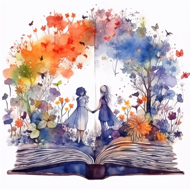 An opened book with watercolor floral design, with women group in it , in the style of fictional landscapes, peculiar fantasy, dreamlike illustration, magical, clipart, white background, vector image - Variations by <@909820757092216832> (fast) - Image #3 <@909820757092216832> - Image #4 <@909820757092216832>