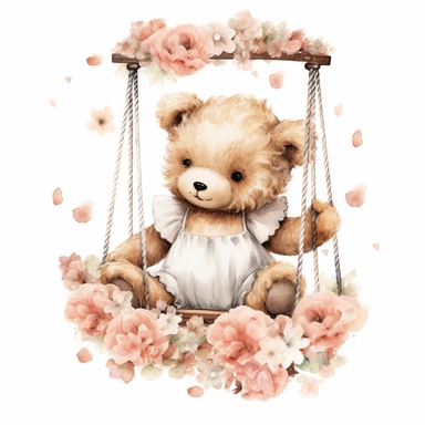 an ultra cute baby girl teddy bear wearing a tutu sitting on a swing, flower bomb, summer, Watercolor white background clipart