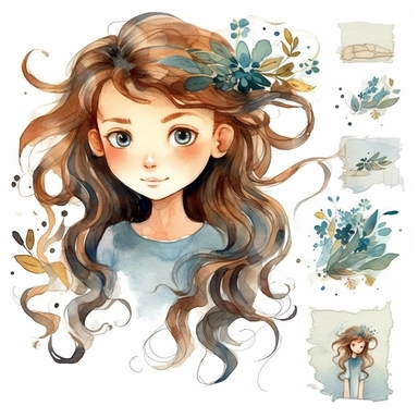 watercolour clipart of a girl, with crazy brown hair, blue-gray eyes, the sweet and scatterbrained dreamer, with a great sense of humor. She immerses herself in the world of digital design, creating exquisite papers for scrapbook albums. Though she may often forget things, her delicate touch and gentle nature shine through her artistry, make her smiling, exalted mood, white background, 8k, f1