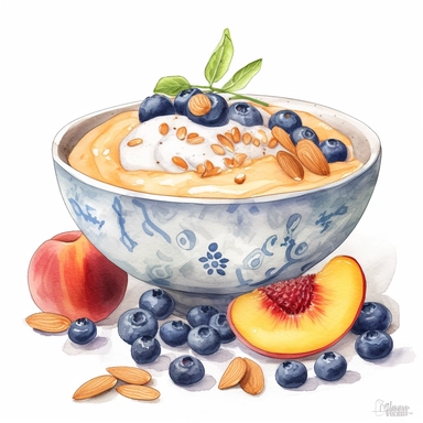 Cute french - style peach smoothie bowl clipart, straight line drizzled of peach slices and blueberries and almond slices and granola in the bowl, 1940, watercolor clipart, watercolor, realistic watercolor painting in storybook illustration, Angela Barrett, Elsa Beskow, highly detailed, 8k, high resolution, crisp details, white background