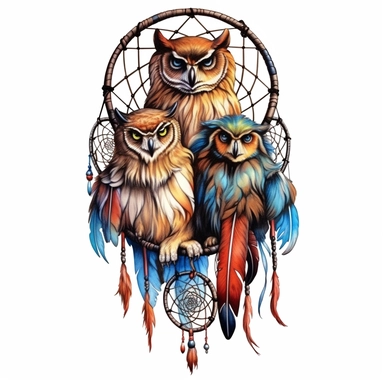 watercolor owl group is sitting near a dream catcher and two fawns, in the style of colourful, cartoon realism, airbrush art, uhd image, tattoo, emotive color Clipart desert cartoon t-shirt graphic, vector,contour, isolated on a white background