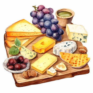 Watercolor cheese platter with wallnuts and grapes and raisins and figs nicely placed along with cheese on a very large wooden flat plate or cutting board, illustrations clipart set, simple, soft colors, cartoon elements, different variants, cheese from around the world, wooden elements, separate elements with a margin
