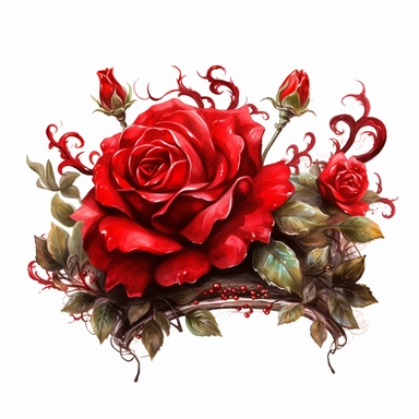 a single clipart image png graphic of a Hyper Realistic Vibrant Painting Euphoric Red Rose flower crown PNG Illustration