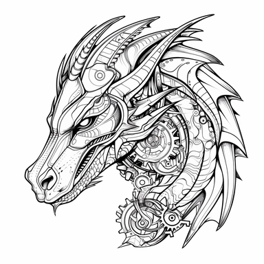 minimalist epic dragon mechanical, simplified, iconographic symbolism, clipart in coloring page style, black and white, white background
