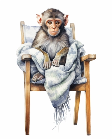 detailed watercolor Baby Monkey on a chair with scarf , hyper realistic, isolated on a white background, clipart