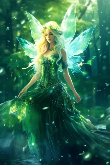 2D clipart, water colour, fantasy forrest world,green fairy elf walking,anime, wearing elvish dress,elvish woden crown, fantasy forrests, leaves, colorful, lighting effect,fantasy animation version, vintage fantasy cinemetic theme,ultra realistic, highly detailed, volumetric lighting 8k, 32-bit, classical fantasy ,vector,