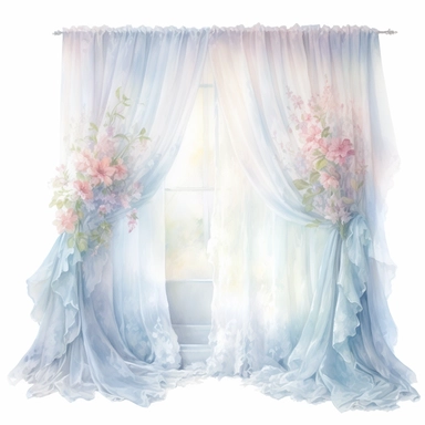 Pastel watercolor Victorian Lace-Trimmed Curtains Flowing curtains made of sheer, delicate lace featuring intricate floral and lace patterns allowing soft diffused light to filter through clipart isolated on white background, Powder blue and pale pink with delicate touches of ivory pastel color palette, in brush style of Willem Haenraets, clean edges around image, in the style of pastel watercolor illustrations, feminine sensibilities, detailed illustrations, heavy shading, delicate painterly to