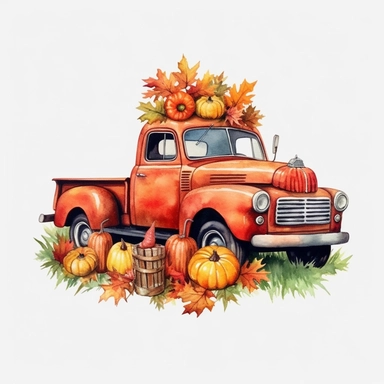 A red shabby American classic truck with two cute gnomes and pumpkins, sunflowers, maple leaves, autumn harvest, nature, watercolor clip art style, 4K HD,