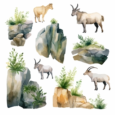 Watercolor wild goats climbing rocks in mountain , illustrations clipart set, simple , cartoon elements, rocks, bushes , different variants , , separate elements with a margin