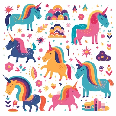 clip art elements, cartoon flat illustration unicorns and rainbows, bright colours