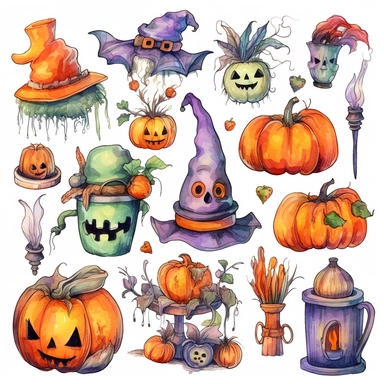 Watercolor line art, halloween themed items , illustrations clipart set, simple, halloween colors , cartoon elements, different variants , skeletons, pumpkins,broom, witch hat, candies, bats,lanterns, , modern art, separate elements with a margin
