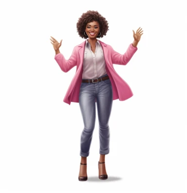 full body shot of smiling African American Black Girl Magic boss lady vector clipart vector illustration with transparent background, in the style of light indigo and light crimson, photo-realistic hyperbole, cluj school, transparent/translucent medium, detailed crowd scenes, light pink and light emerald, dark brown and white