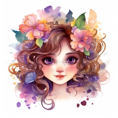 watercolor clipart cute little fairy with long curly hair and with cute symmetric face and realistic brown eyes flying above flowers, photographic, details, full portrait, on white background with margins, charlie bowater, lisa frank