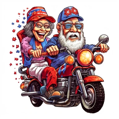 old grandpa and grandma riding motorcycles, in the style of political symbolism, digital airbrushing, joyful and optimistic, red and blue, zbrush, vacation dadcore, wizardcore Clipart desert cartoon t-shirt graphic, vector, contour, isolated on a white background