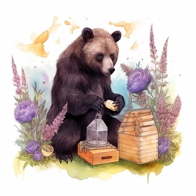 hand drawn black bear that is wearing a beekeeper outfit, smoking the beehive and honey and honeycomb is in crates, bumblebees, purple flowers and grass, very detailed, very realistic, watercolor, clipart style