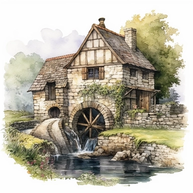 Highly detailed watercolor clipart artwork showcasing the beauty of an ancient medieval cottage with waterwheel surrounded by nature's tranquility. The cottage, situated alongside a calm and meandering river, features a charming waterwheel that turns gracefully, adding a touch of whimsy to the scene. The artist's meticulous attention to detail brings the rustic cottage to life, with textured stone walls, a thatched roof, and vibrant vegetation. Against a pure white background, clipart,