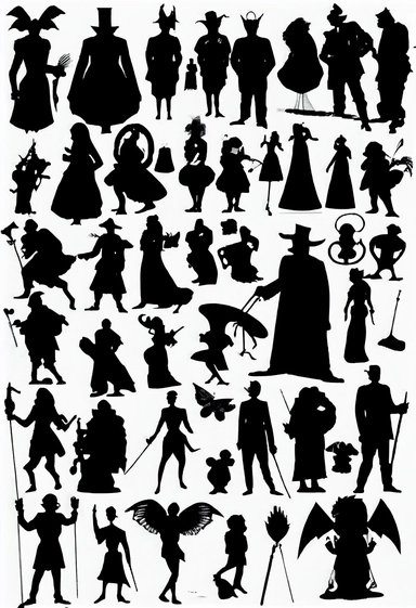 silhouettes of swindlers, monks, demons, mythological characters, disguised people, magicians, fools, lunatics, soldiers, priests, devils, fauns, angels, jugglers, cops, clowns, madmen. Bizarre, whimsical, random, victorian, theatrical, funny. Black and white clipart collection, white background