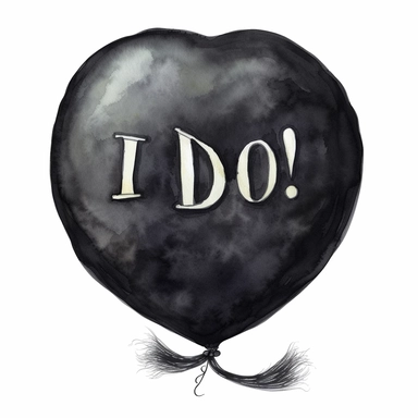 Hand drawn large black balloon with “ I Do” written on it, glamorous, very detailed and realistic, watercolor, clipart style, white background with margins