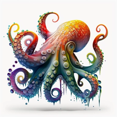 psychedelic octopus, bright colours, water colours, clipart, retro-futuristic, forwaed facing, 3d, colorful, bright, highly-detailed, hyper-realisitic, no ground shadow ,no runs ,no drips, CLEAR WHITE BACKGROUND