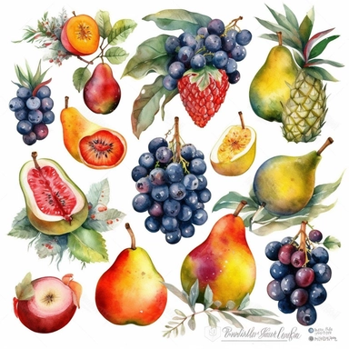 Wild Fruits Watercolor Clipart, Wild Fruits Clipart, Fruits Clipart, Free-cut on an all-white background, no shadows, primary colors, maximum contrasts, no typography