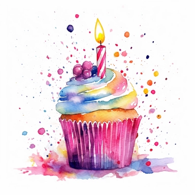 Watercolor, colorful birthday cake and cupcakes, confetti, vector clipart, white background