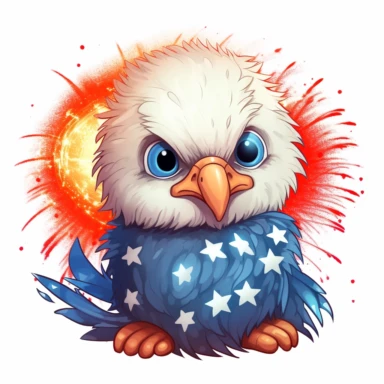 illustration of cute baby american bald eagle, wearing red white and blue american flag colors, fireworks in background, 4th of july, clipart svg, white background