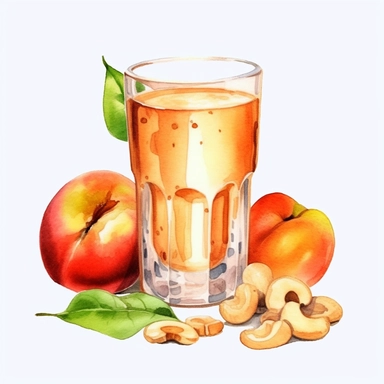 An endearing watercolor Cashew Apple clipart of Cashew Apple juice present with glass 300DPI