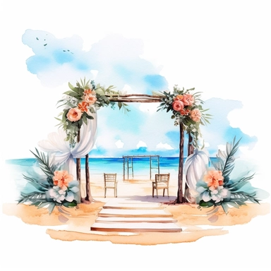 Beaches with wedding decoration, water color style, clipart, white background