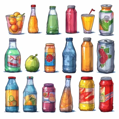 watercolor, Cold drinks set. Soda water, sweet fizzy beverages, fruit cocktails, juices, and lemonades in glass and plastic bottles, aluminum cans, and tins. png Full body realistic cartoon in 32K UHD cute. 15 cm thick outline. Black color. There was no shadow on the ground. 8k with realistic watercolors and detailed illustrations. PNG clipart, transparent white background