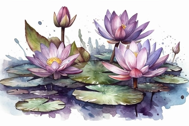 watercolor lila lotus flowers and buds on the water clipart, hd, on white background, spaced out
