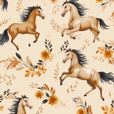 horses in the style of clip art hand drawn, isolated on beige background for fabric, with leaves and flowers in the negative spaces