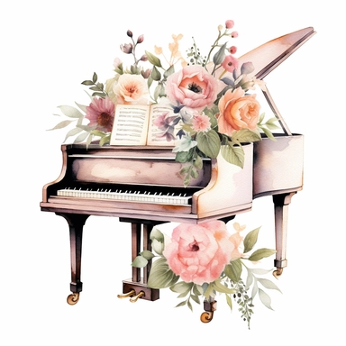 baby grand piano spring floral clipart, white background